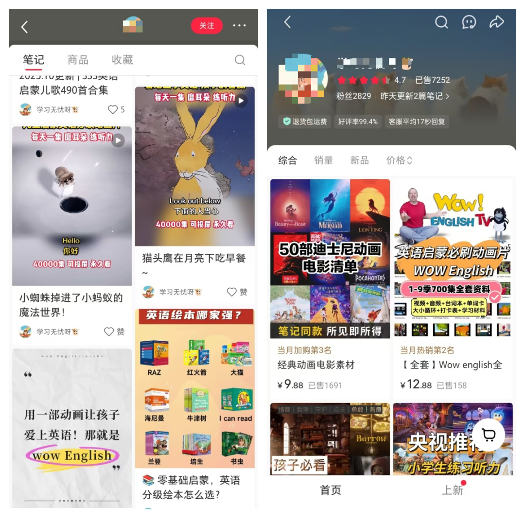 小红书卖儿童英语动画短片，2829个粉丝，卖了7252单，赚了6万+