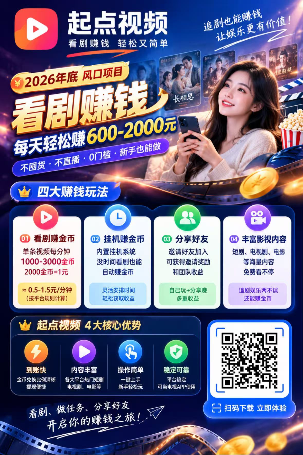 🔥2026年底风口｜起点视频，看剧变现首码，单人日入60-2000！支持挂机看剧